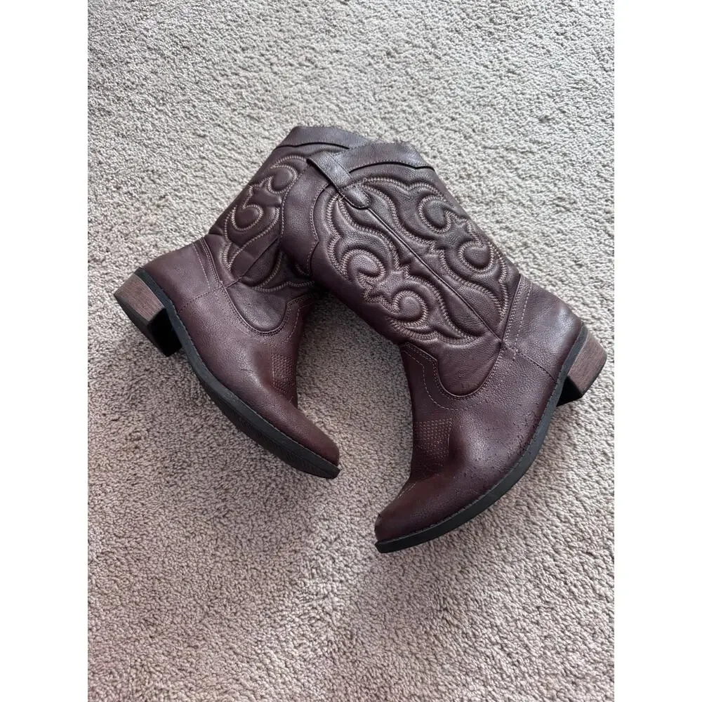 Cat & Jack Brown Faux Leather Cowgirl Boots Western Big Girls Size 5 Country